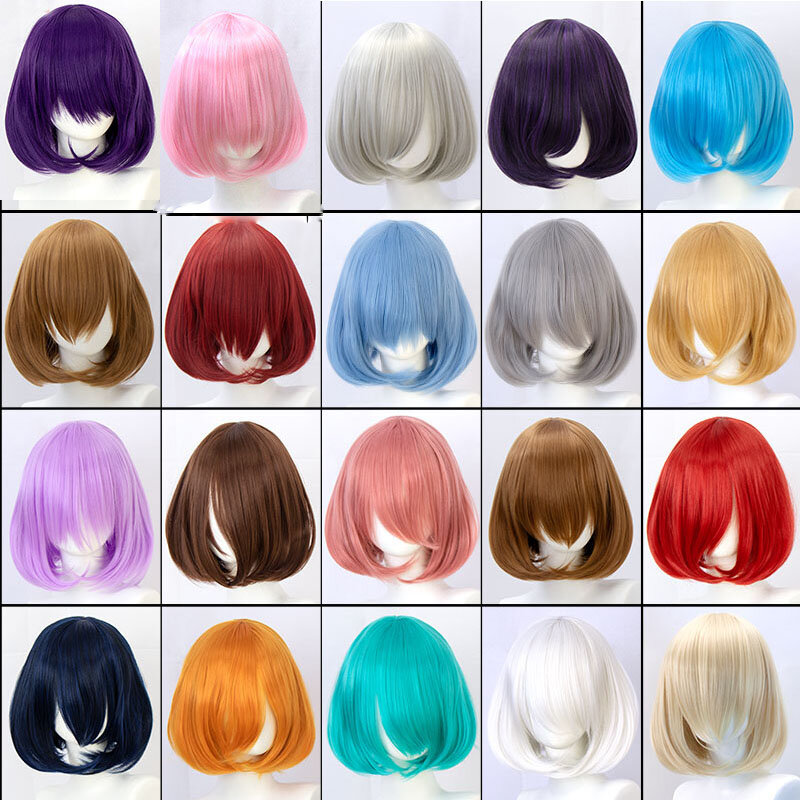 Short Bob Straight Hair with Trimable Bangs para mulheres, rosa, vermelho, azul, roxo, Lolita Cosplay Wig