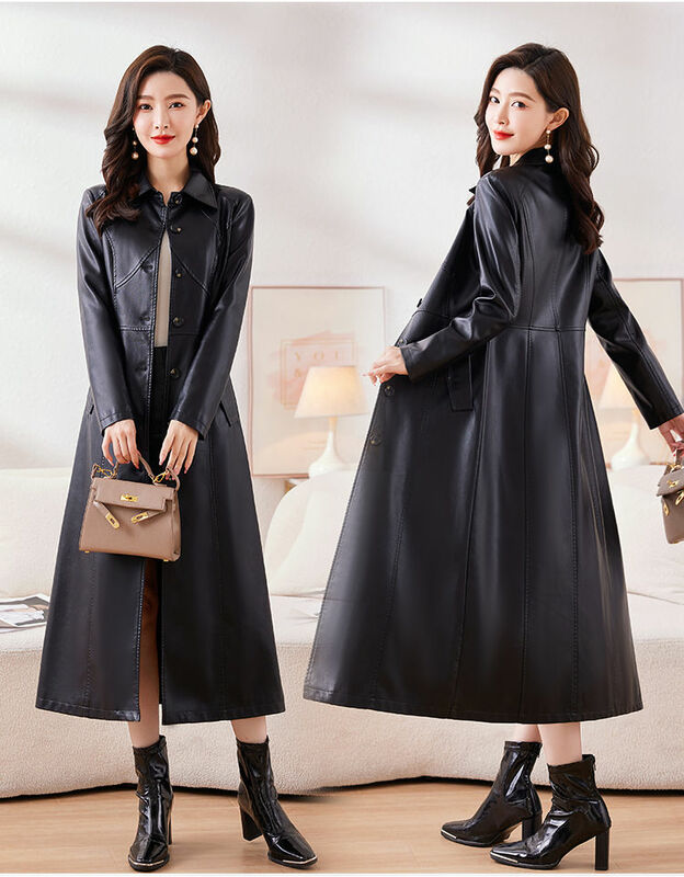 New Autumn Plus Size Long Leather Jacket Women Winter SheepSkin Windbreaker Lady Spring Outerwear Ladies Slim Trench Coats