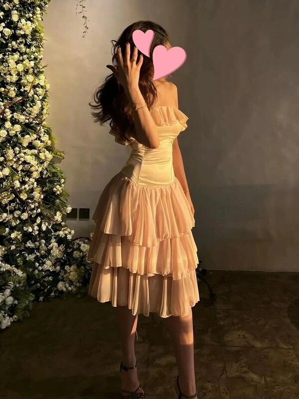 Romantic Elegant Vintage Sweet Champagne Chiffon Ruffle Short Ribbon Customized Formal Occasion Prom Dress Evening Party Gowns
