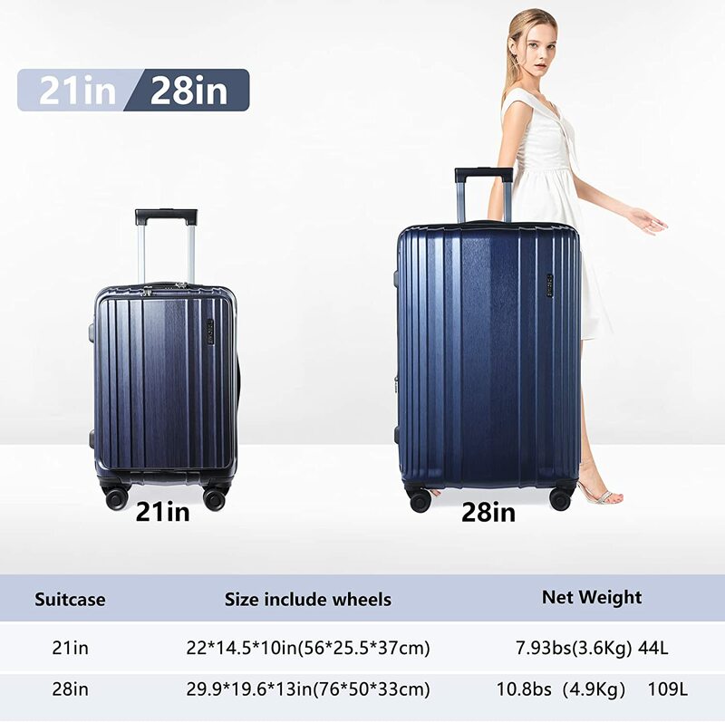 Luggage Set 2 Piece 21/28 Front Laptop Pocket & Expandable  ABS+PC Lightweight Hardshell Suitcase Spinner Wheels TSA Lock Blue