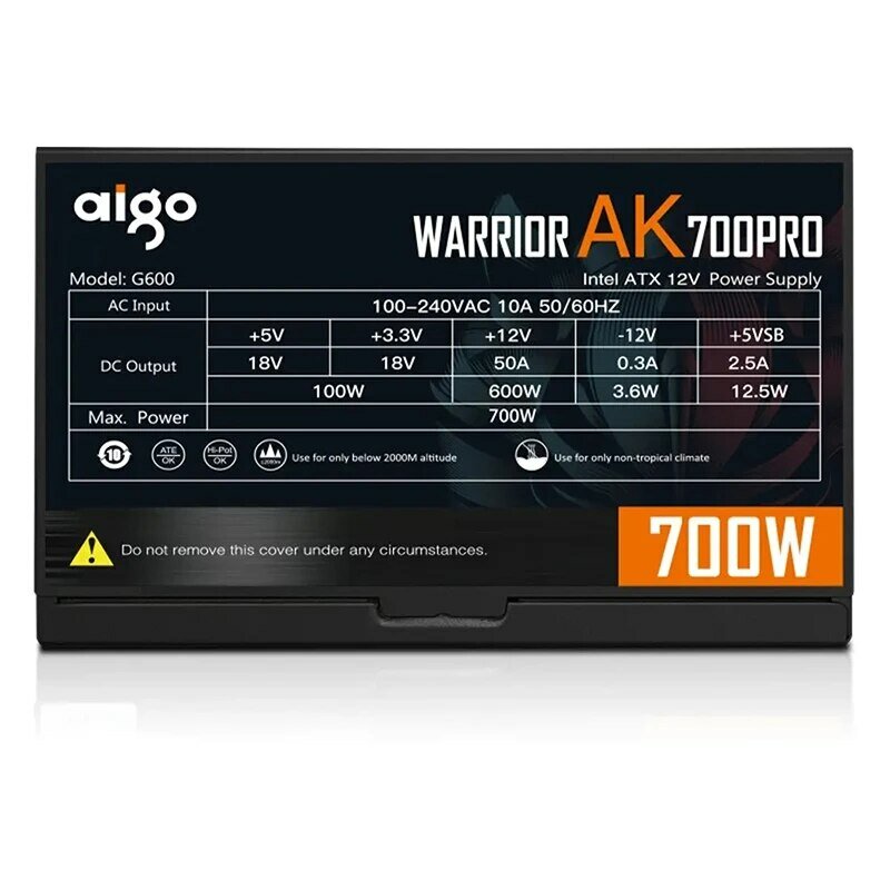 Aigo-AK700PRO PSU Fonte de Alimentação para PC, Black Gaming, Quiet, 120mm, RGB Fan, 110V, 220V, ATX Computador Desktop, Fonte de Alimentação para BTC, 700W