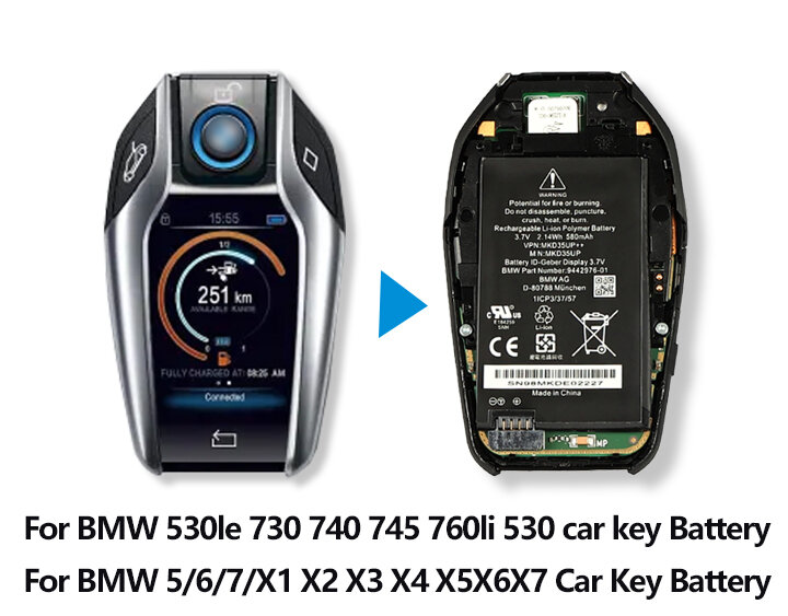 Bateria de controle remoto da chave do carro, MKD35UP para BMW 5, 6, 7 Series, GT X3, X4, X5, X6, 730, 740, 745, 530L Display, 580mAh