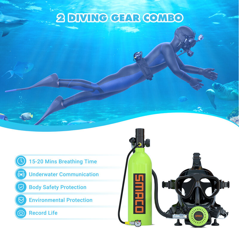 SMACO S400Pro อุปกรณ์ดำน้ำอุปกรณ์ดำน้ำหน้ากากดำน้ำสำหรับนักดำน้ำ Mini ออกซิเจนกระบอกใต้น้ำหายใจอุปกรณ์1L