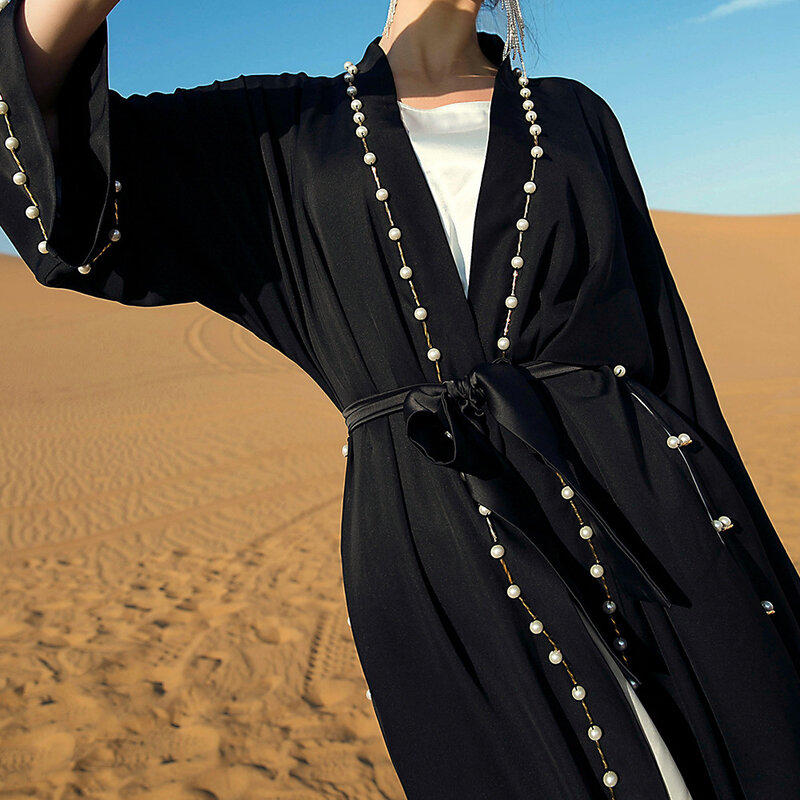 Abaya aperto con perline per le donne Cardigan Kimono nero Eid Ramadan Jalabiya abbigliamento islamico abito arabo Dubai turchia abito caftano