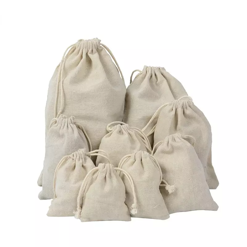 Travel Drawstring Cotton Linen Storage Bags Multiple Sizes Beige Coin Money Pouch ID Credit Cards Gifts Jewellery Organizer Bags