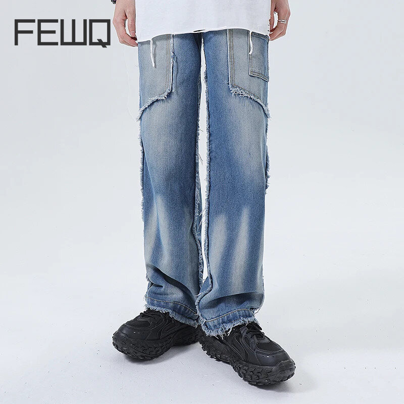 FEWQ-بنطلون جينز بحافة لدغ للرجال ، ساق مستقيمة ، كاجوال فضفاض ، ساق واسعة ، بنطلون رجالي ، موضة الربيع ، الأمريكية ، 24X9001