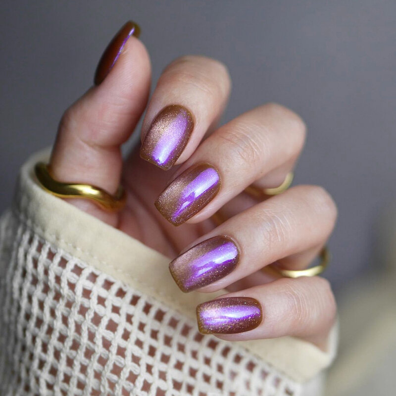 Искусственные ногти фиолетового и коричневого цвета «кошачий глаз» для ногтевого дизайна съемные Готовые накладные ногти с клеем