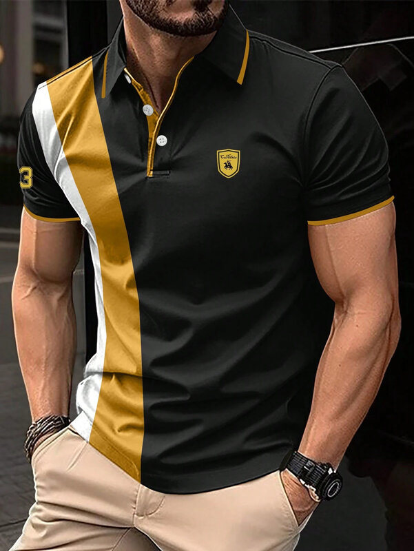 Kaus Polo pria, atasan bisnis kancing Lapel Tee komuter serbaguna warna Solid musim panas