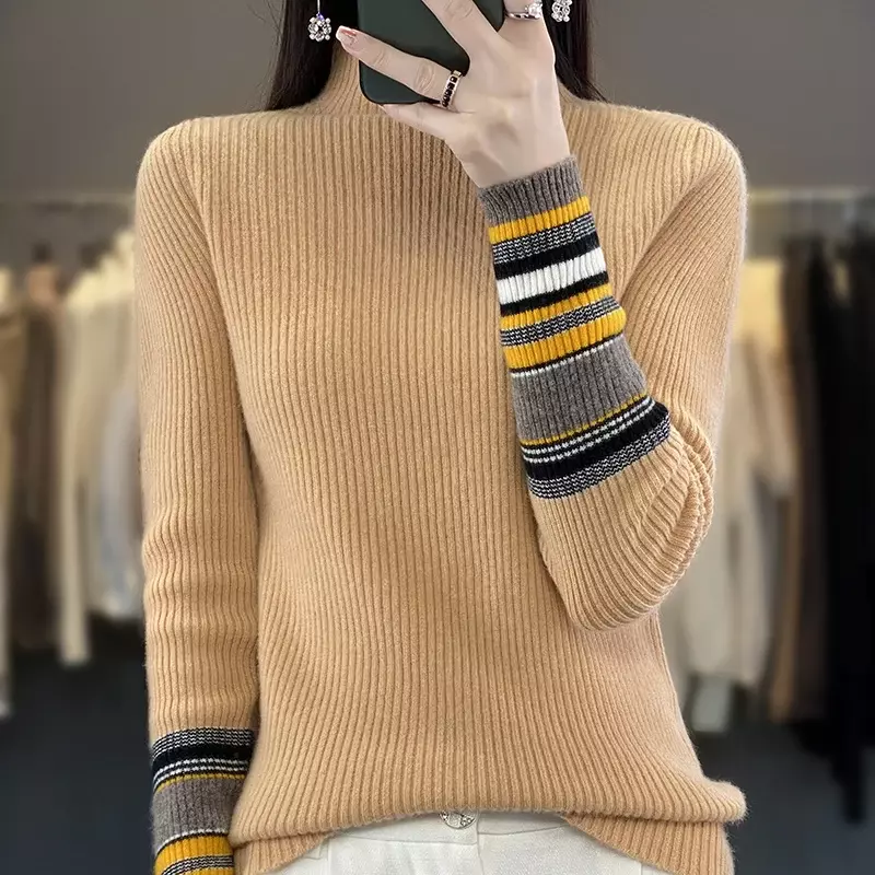 Женский вязаный свитер из 100% мериносовой шерсти, базовый пуловер с высоким воротником, модный топ в Корейском стиле на осень и зиму