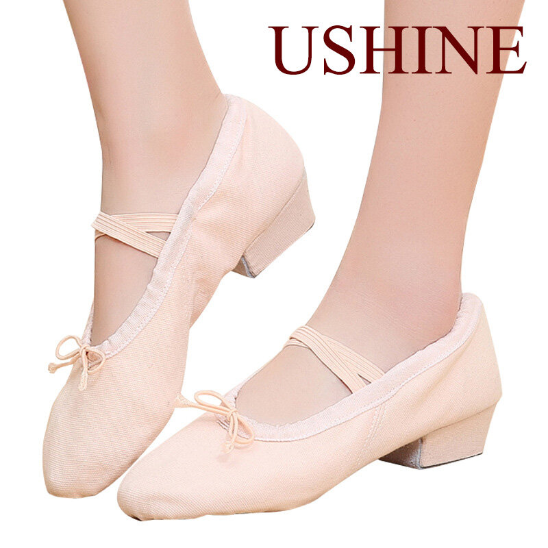USHINE sepatu dansa balet profesional untuk wanita anak perempuan sepatu dansa hak rendah sepatu kanvas guru untuk kelas dansa