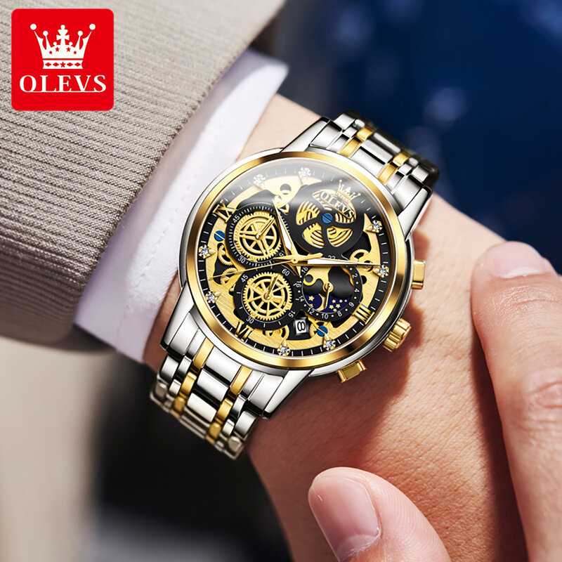 OLEVS-Montre-bracelet étanche en acier inoxydable doré pour homme, montres Seton, phase de lune, chronographe original, luxe, modules complets, 9947