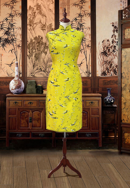 ノースリーブの黄色のレトロなドレス,スリムな気質,シック,中国風,日常使用