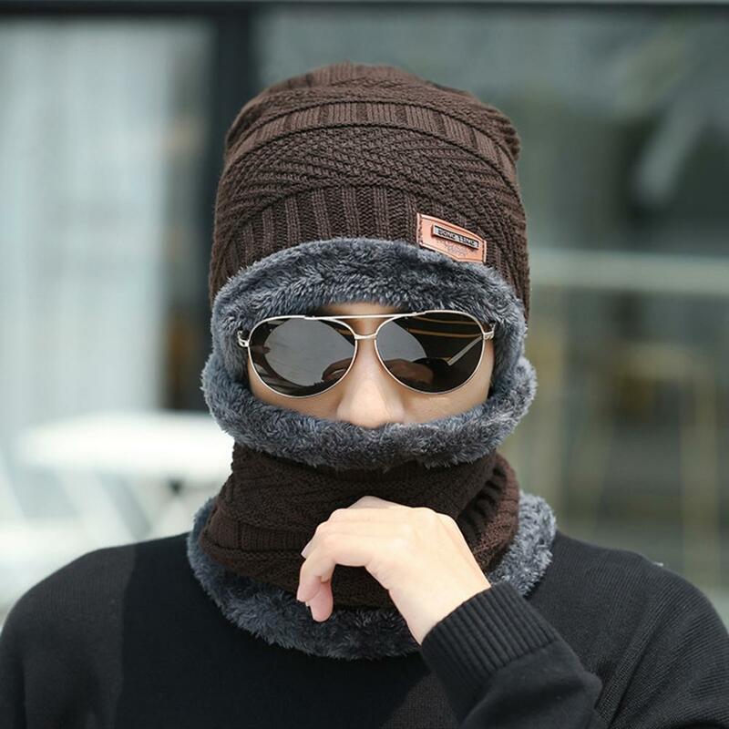 Set topi rajut hangat pria, penutup kepala selendang musim dingin, tebal untuk bersepeda luar ruangan dengan pembungkus leher tahan angin untuk musim dingin