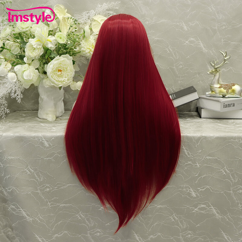 Imstyle Wig sintetis renda merah renda, Wig Cosplay panjang lurus wanita tanpa lem tahan panas, Wig serat Cosplay untuk wanita