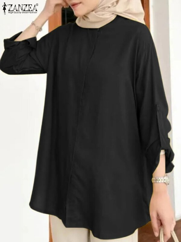 Элегантная женская рубашка, осенняя блузка 2023 ZANZEA, модные однотонные рабочие Топы Eid Mubarek, мусульманские блузки на пуговицах с длинным рукавом
