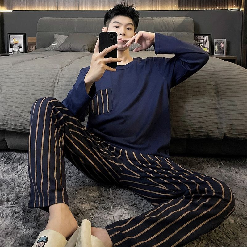 Gentleman Spring and Autumn Pajamas Pure Cotton Long Sleeve Pants Suit Leisure Sports Plus Size Can Be Worn Outside Loungewear