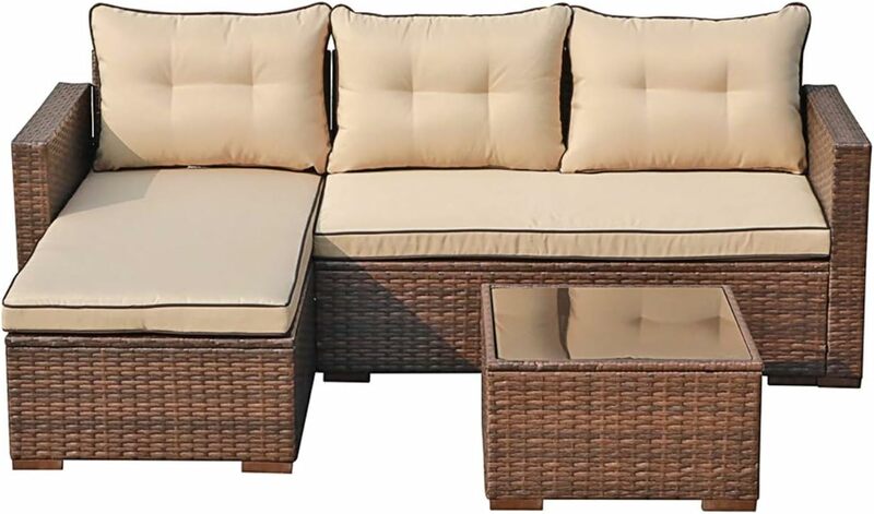 Набор уличной мебели для патио, набор плетеной мебели из ротанга для любой погоды, L-образное уличное сидение для патио с подушками