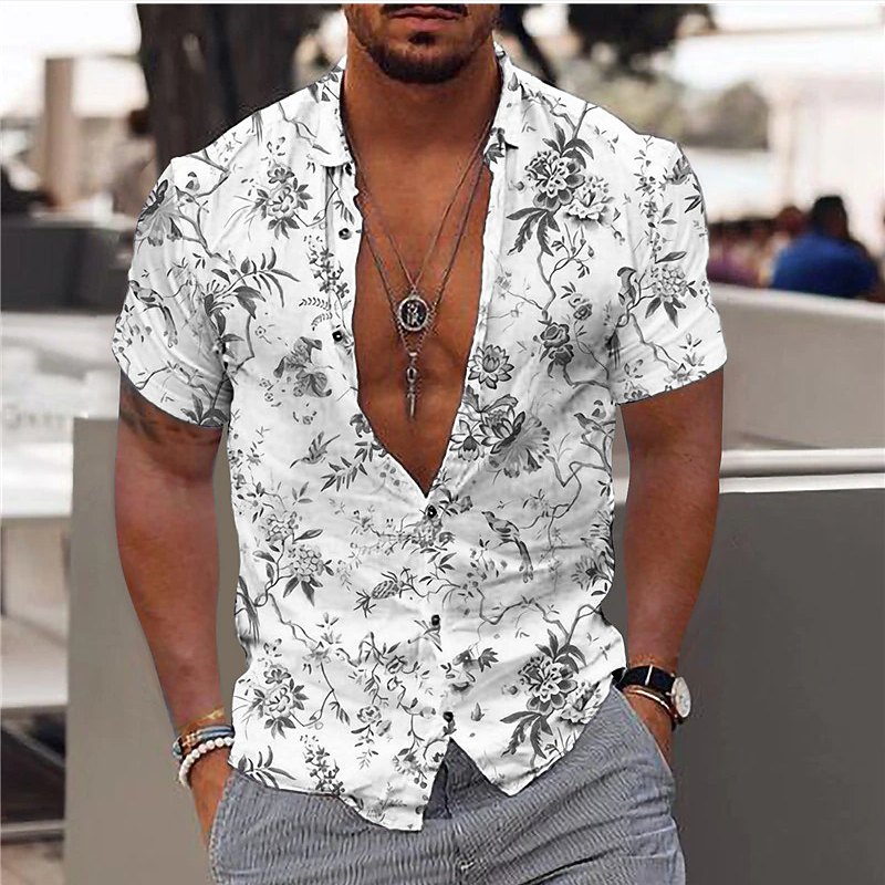 メンズ半袖フローラルシャツ,ラペルボタン付き,3D印刷,ストリートファッション,夏,Xs-6, 2024