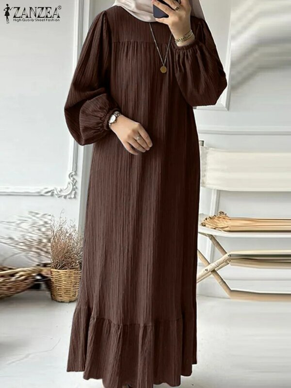 ZANZEA gaun mulisma Abaya Turki Gaun mode Sundress Maxi lengan panjang untuk wanita Lebaran Mubarek jubah isiamik Vestidos Kaftan