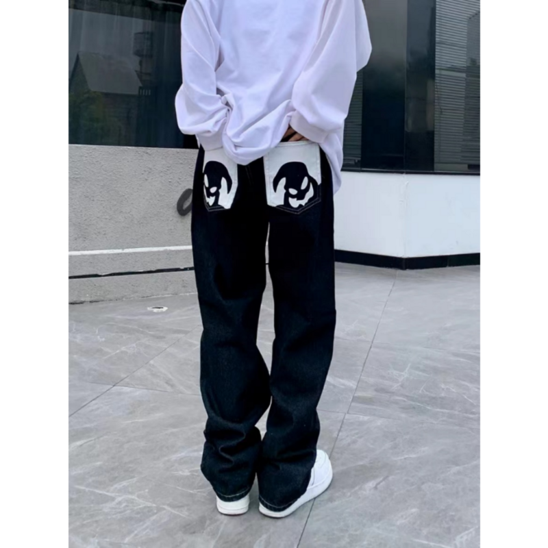 Джинсы Y2K мужские с принтом черепа и надписью, повседневные Прямые Штаны в американском стиле ретро, уличные свободные брюки в стиле хип-хоп, Харадзюку