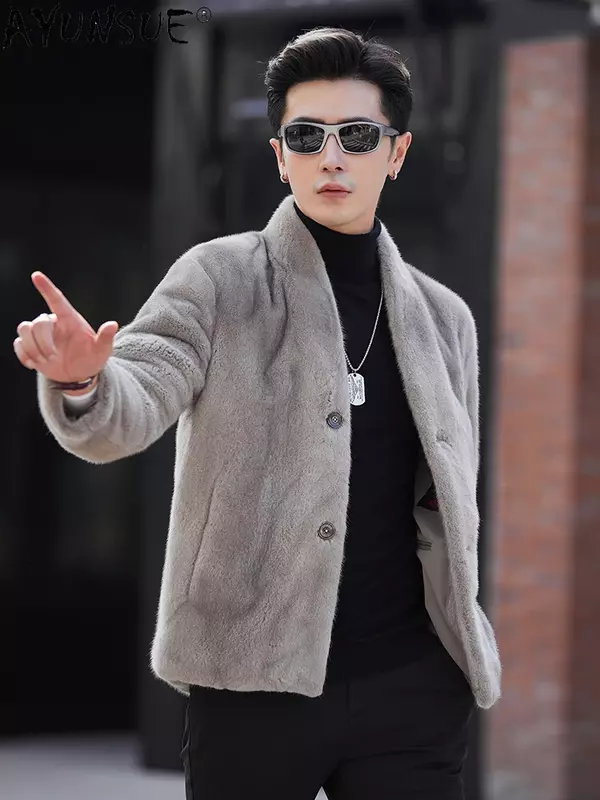 Yunsue-abrigo de piel Natural para hombre, chaqueta de invierno de un solo pecho con cuello en V, chaqueta de piel de visón Real, 2023