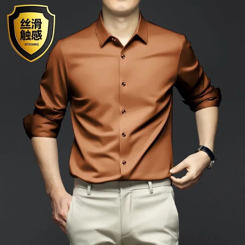Camisa de manga larga naranja para hombre, ropa lujosa resistente a las arrugas, sin planchar, informal, de negocios, S-5XL
