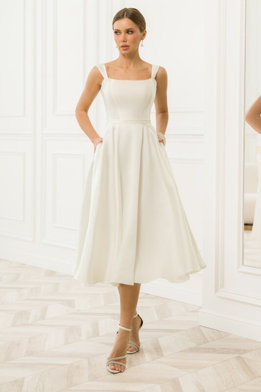 Gaun pernikahan pendek vestidos de novia gaun panjang pergelangan kaki untuk wanita tali Spaghetti A-line disesuaikan untuk ukuran Satin sederhana murah