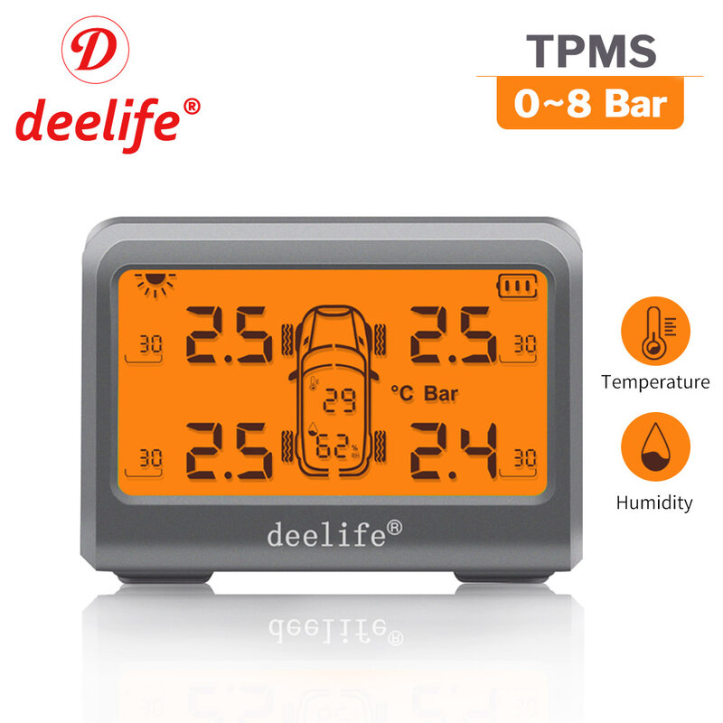 Deelife-자동차 TPMS 태양열 타이어 압력 모니터링 시스템, 0-8 Bar 타이어 압력 경고 4 개, 센서, 4 륜 구동