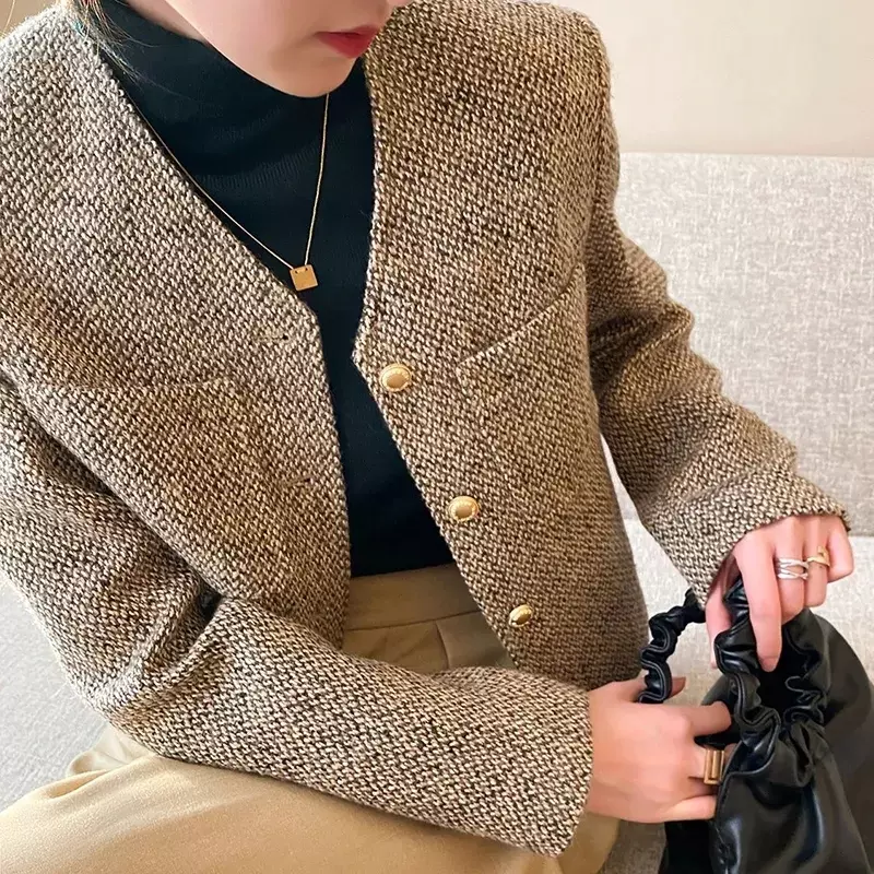 Women Elegant Coat Korean Single Breasted Jacket O Neck Retro Office Lady Simple Casual Luxury Design Suit Long Sleeve Top