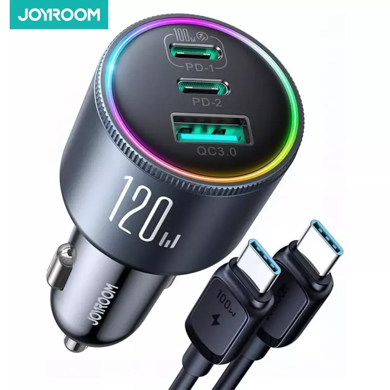 Joyroom 120W ładowarka samochodowa USB C 3 Port ładowarka samochodowa szybkiego ładowania wielu urządzeń PD 100W i 35W QC 3.0/4.0