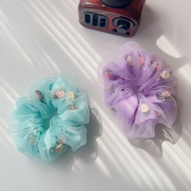 Mesh Flower Scrunchies para mulheres, cocar feminino, corda de cabelo elegante, novo Headwear, bandas de borracha rosa flor cabelo, laços titular
