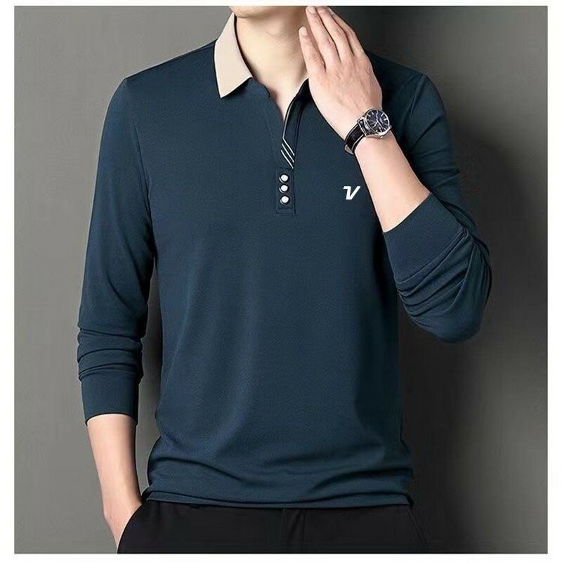 2024 nuovi uomini tinta unita golf risvolto Polo primavera e autunno moda casual golf shirt slim manica lunga golf t-shirt 4XL