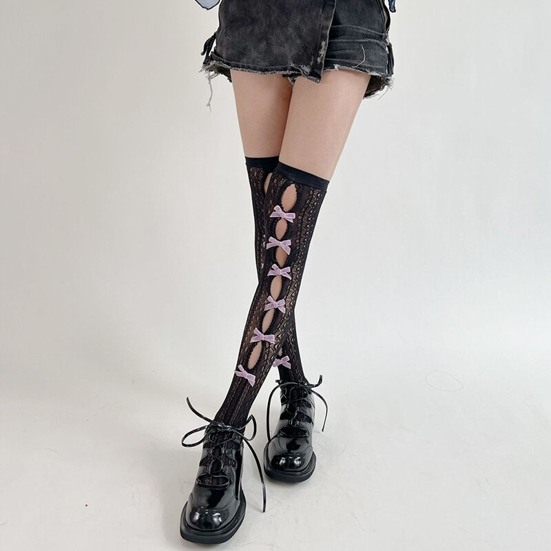 Calcetines hasta el muslo de encaje con pajarita para mujer, medias sexys, Lolita Jk, encaje gótico ahuecado por encima de la rodilla, calcetines de pantorrilla, accesorios de ropa