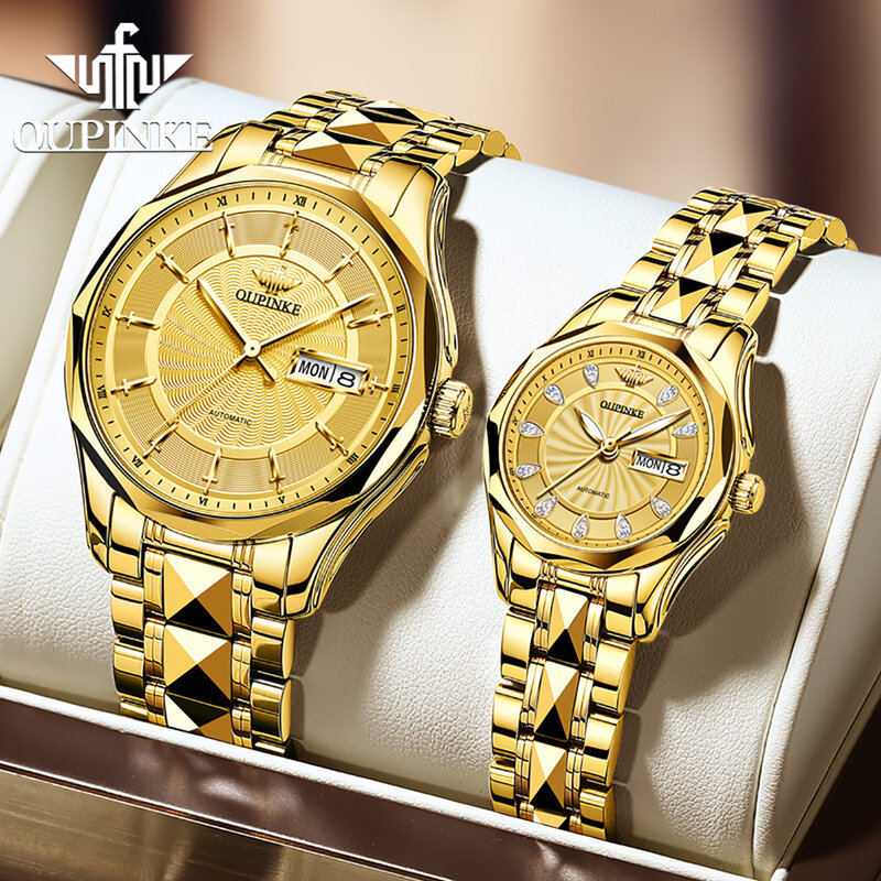 OUPINKE 3172 커플 시계, 럭셔리 스위스 브랜드, 자동 기계식 시계, 우아한 비즈니스 달력, 그와 그녀의 시계 팔찌 세트