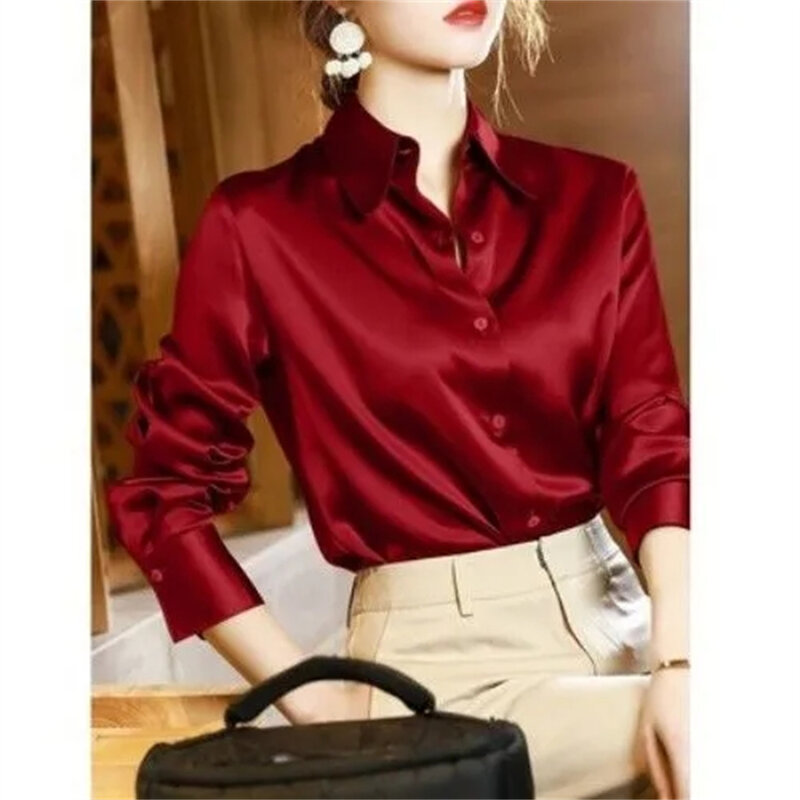 Рубашка женская с драпировкой, тонкая стильная Свободная блузка с длинным рукавом, роскошный офисный Шелковый Атласный топ, лето
