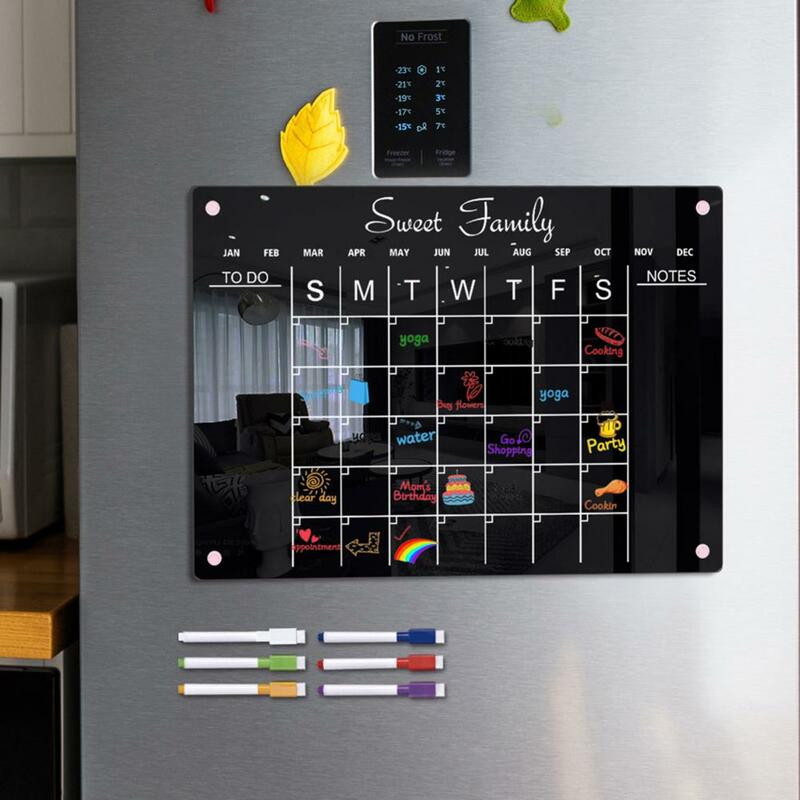 Kids Schedule Planner Black Calendar Weekly Planner Whiteboard with Magnetic Fridge Acrylic Board Black Text 6 Markers Easy