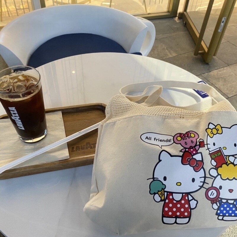 Hello Kitty tas kanvas perempuan, kantung jaring liburan musim panas, tas ransel selempang kapasitas besar imut
