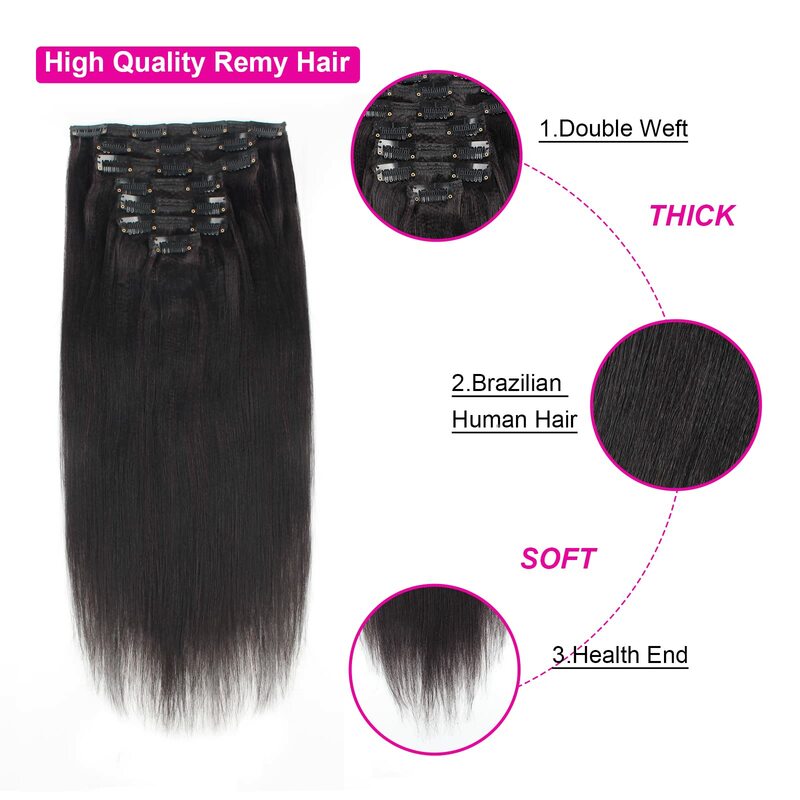 Yaki Straight Clip em extensões para mulheres, 100% cabelo humano, trama dupla, 12-26in