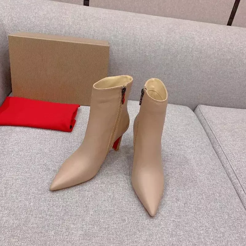 Botas de couro femininas, salto alto, dedo apontado, designer de luxo, botas curtas femininas, outono, 2023