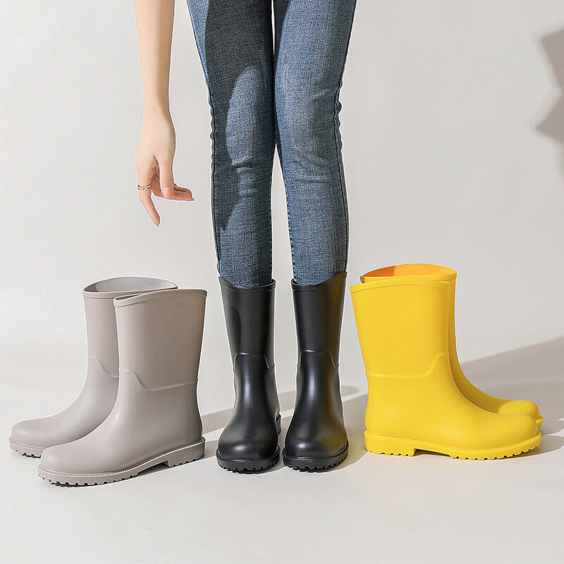 Women Solid Color Mid-Calf Rain Boots Outdoor Non-slip Waterproof Work Shoes Female Platform PVC Water Boots