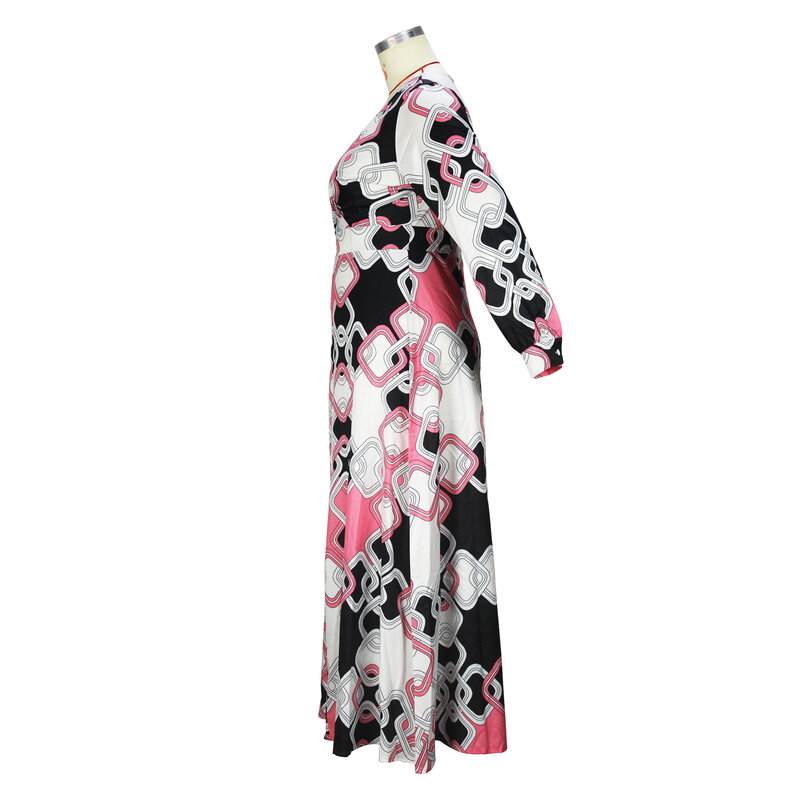 Schmeichel haftes Kleid mit geometrischem Print in Übergröße-stilvolles Langarm kleid mit V-Ausschnitt für den Frühling-perfekt für Damen in Übergrößen