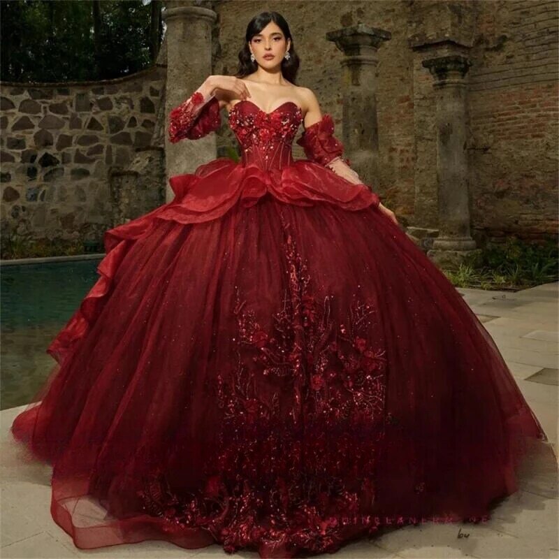 Vestido De quinceañera rojo De México, corsé con cuentas 3D, flores, vestido De baile De graduación, vestido escalonado dulce 16, 2024