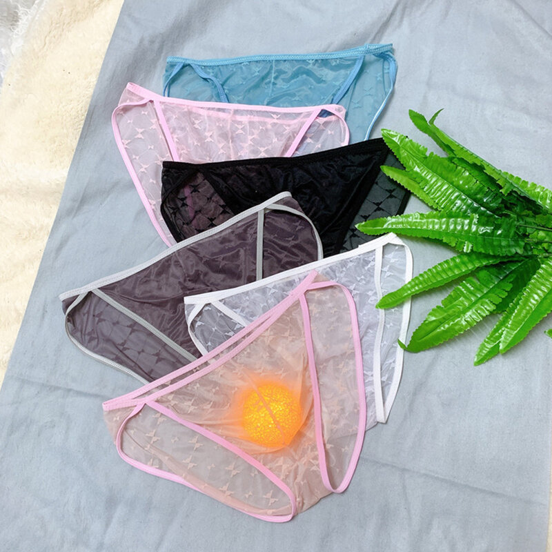 Celana dalam thong pria, seksi sutra es Ultra tipis jaring transparan kantong tipis G tali Bikini celana dalam celana dalam tas pria