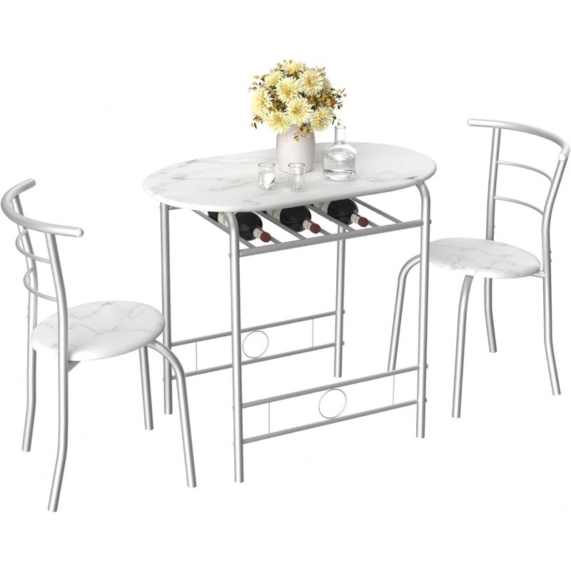 3-teiliger Esstisch für die Frühstücks ecke in der Küche, ovale Tischplatte aus Holzmaserung und Metallrahmen mit eingebautem Wein regal
