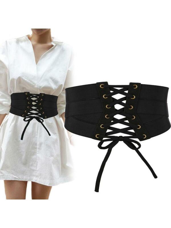 Women Wide Waist Four Seasons Fashion Cover Korean  Versatile Perforated Strap Ultra Elastic Belt 5 Sizes Black Belt  Zipper
