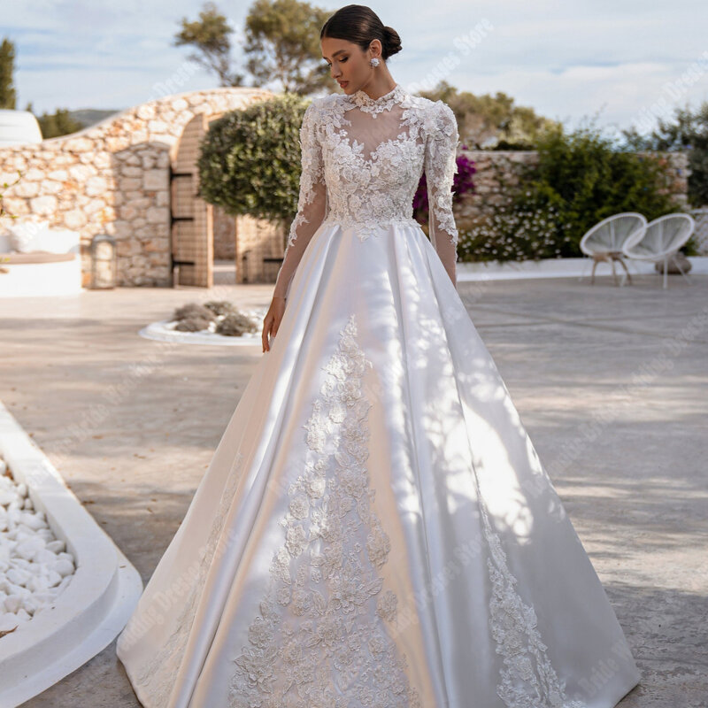 Elegant A-Line Women Wedding Dresses Popular Bright Satin Surface Bridal Gowns Bohemian Lace Floral Print Vestido De Novias 2024