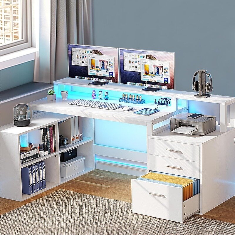 서랍이 3 개 있는 책상, 전원 콘센트 및 LED 조명이 있는 코너 컴퓨터 책상, 서류 캐비닛 및 프린터 스탠드가 있는 L자형 책상