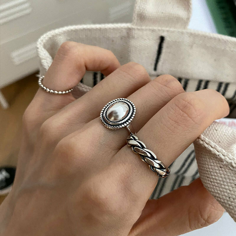 925 Sterling Silver Rings Couples Accessories INS Fashion Vintage Twist Design Round Shape Geometric Thai Silver Jewelry