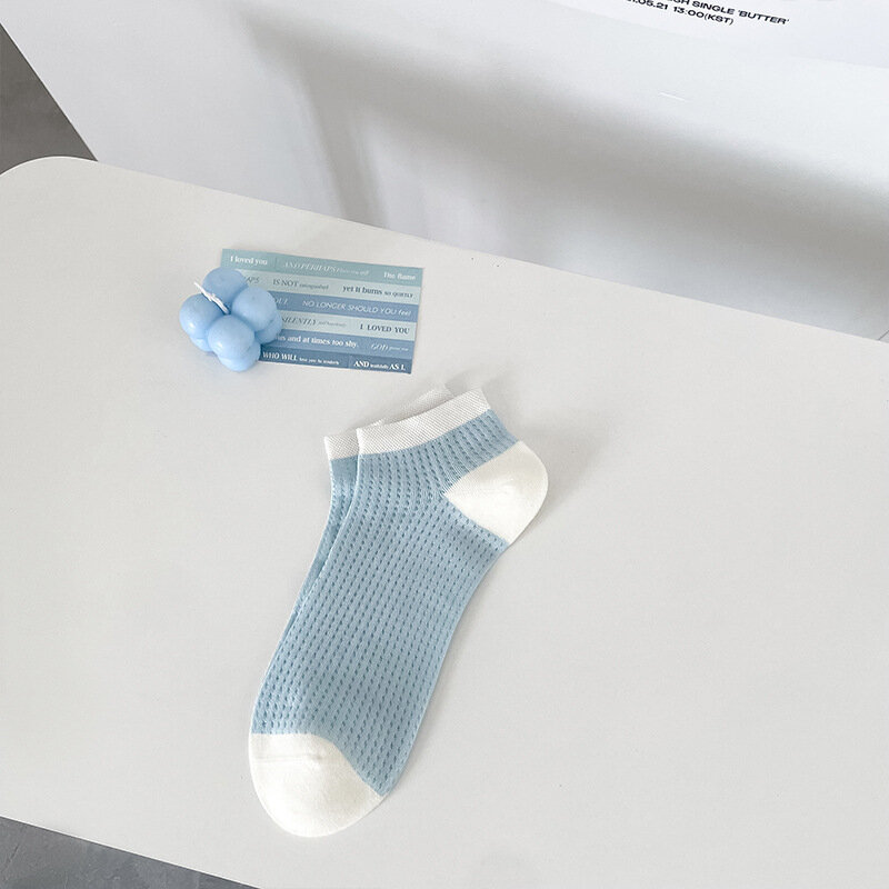 Kave 5pairs Spring/Summer Thin Blue White Tying Socks Women's Embroidery Short Socks Mesh Breathable Shallow Ladies Boat Socks