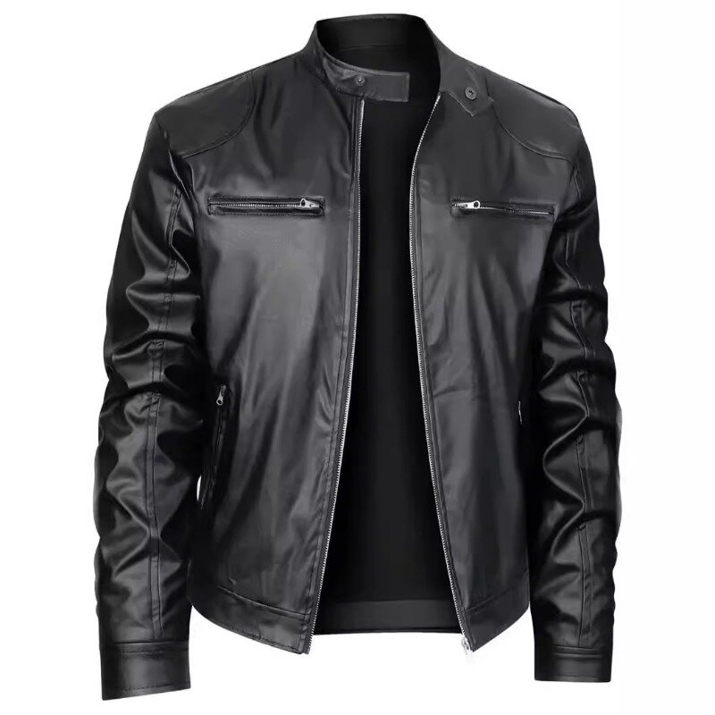 2024 High Quality Men's Slim Leather Jacket with Stand-up Collar Zipper Pocket Decorated Leather Biker Men's Coat